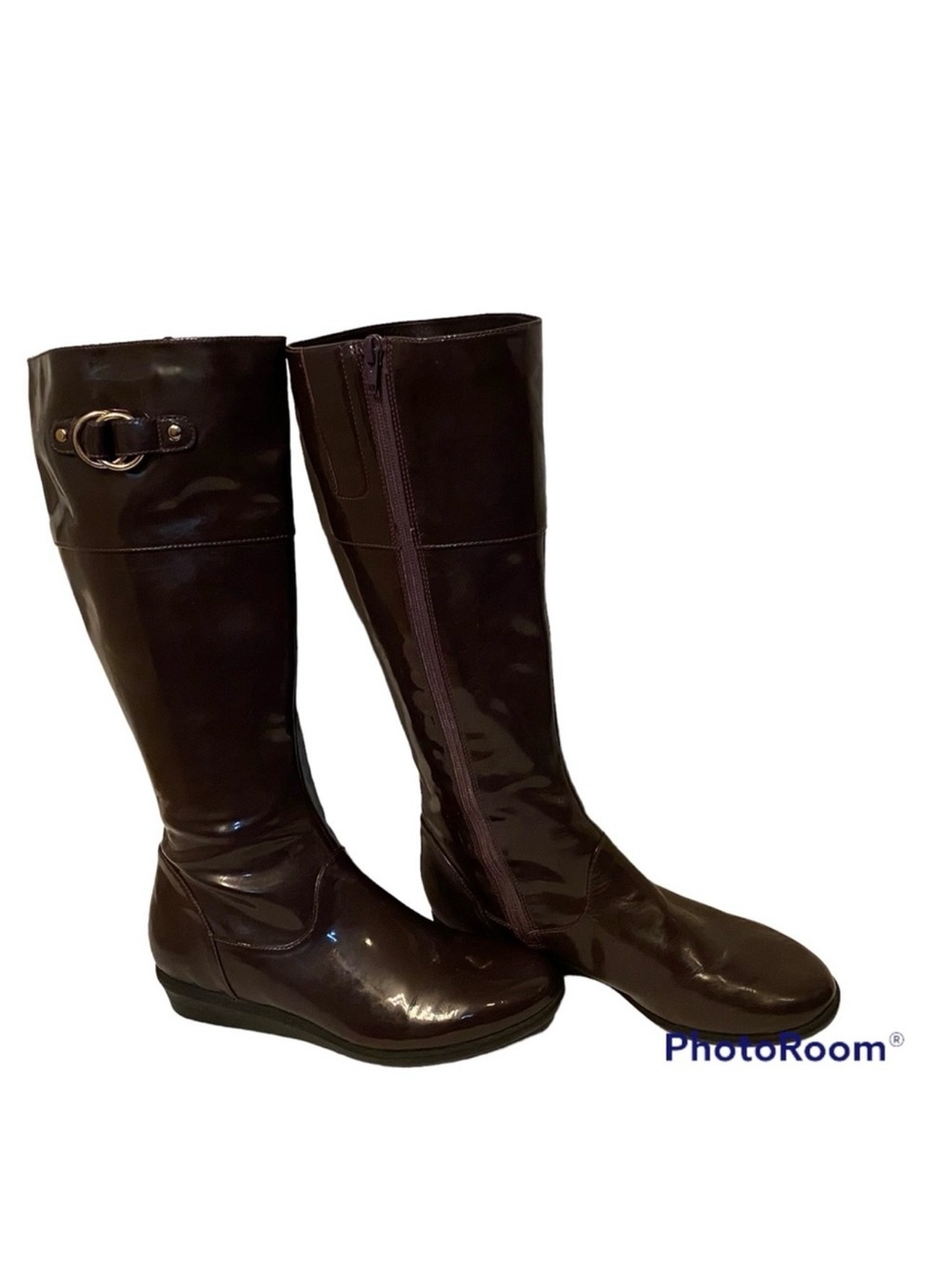 COLE HAAN BOOTS SHOES TALL PURPLE PATENT SHINY RAIN ZIP SIDE SIZE 8M